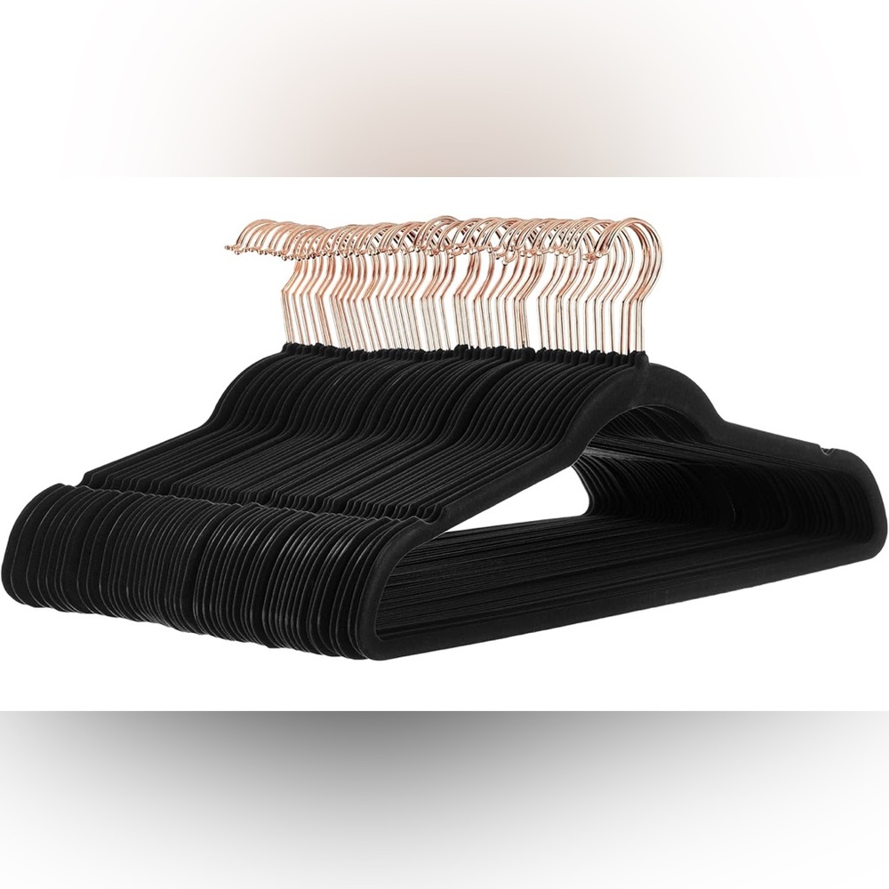 Slim Velvet Non-Slip Clothes Hangers w/ Rose Gold Hooks - Black Pack of 40